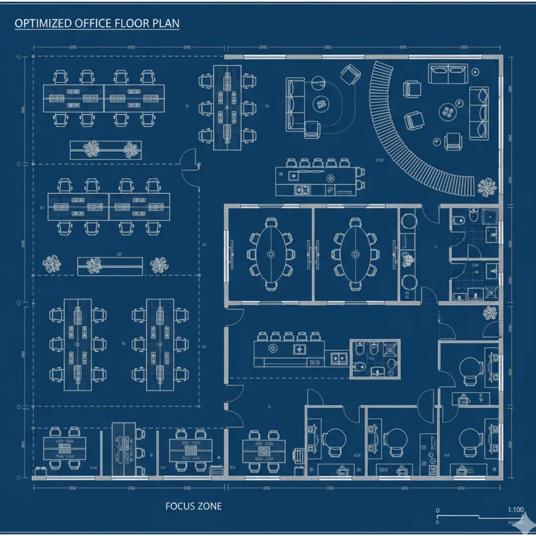 Office floor plan design showing optimized furniture and wall layouts