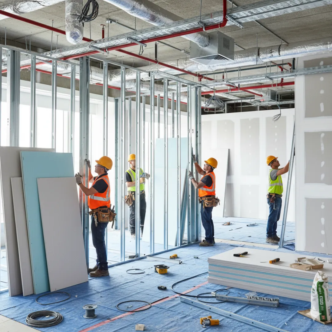 Drywall partitioning being installed in an office setting