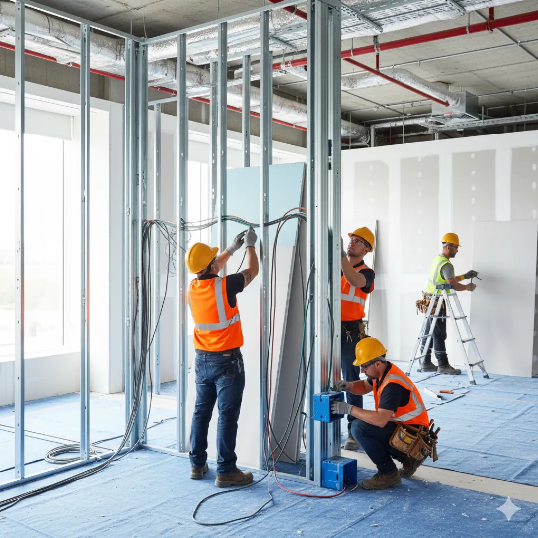 New electrical wiring being installed behind office walls